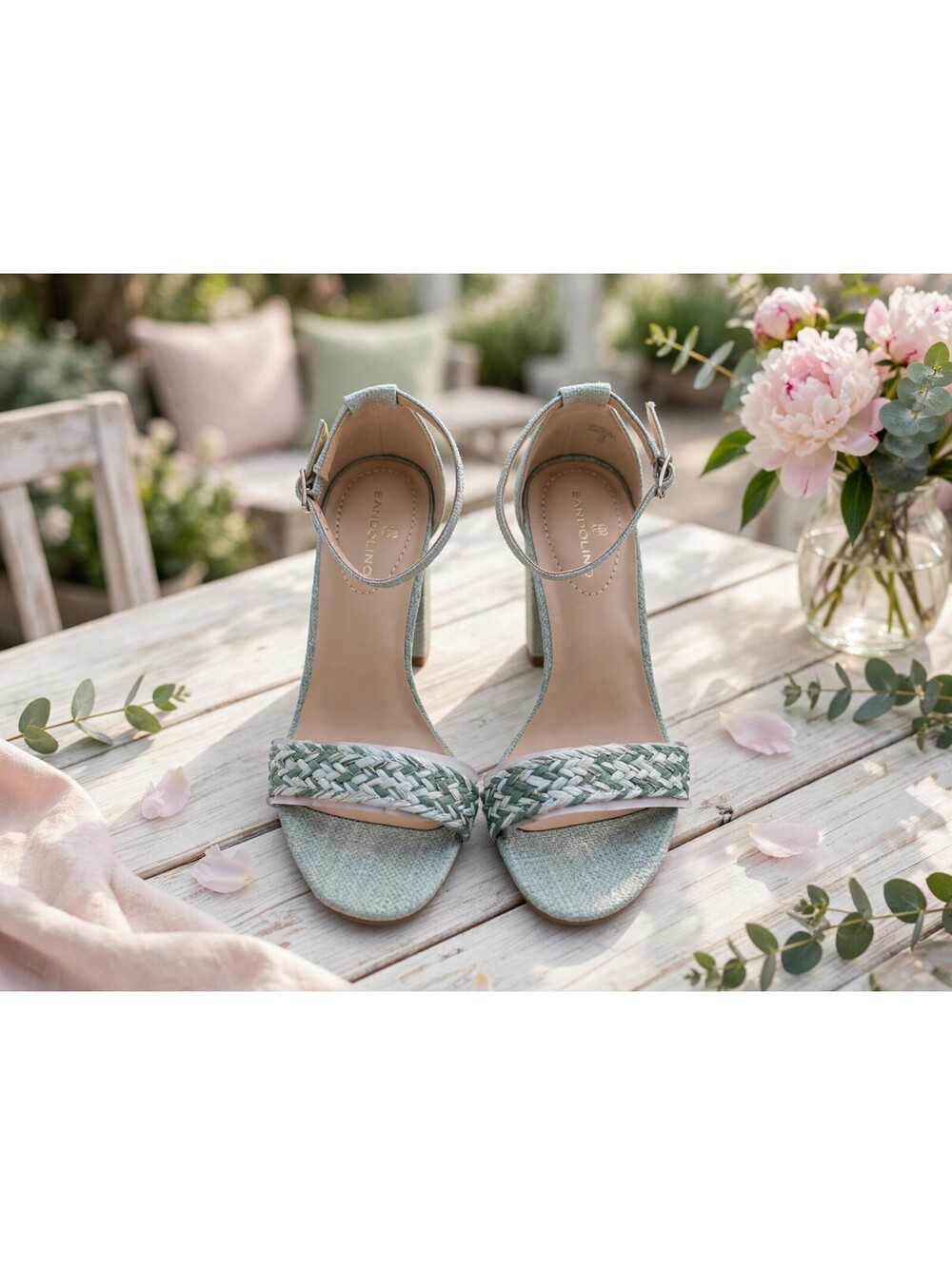 Bandolino Woven Heel Sandals Women 7 Sage Green Braided Ankle Strap Dress Sandal